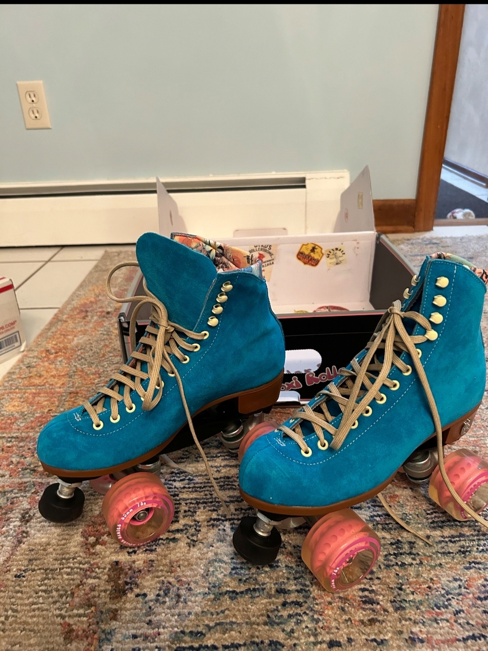 Turquoise Suede Heeled Roller Skate Boots with Pink Wheels